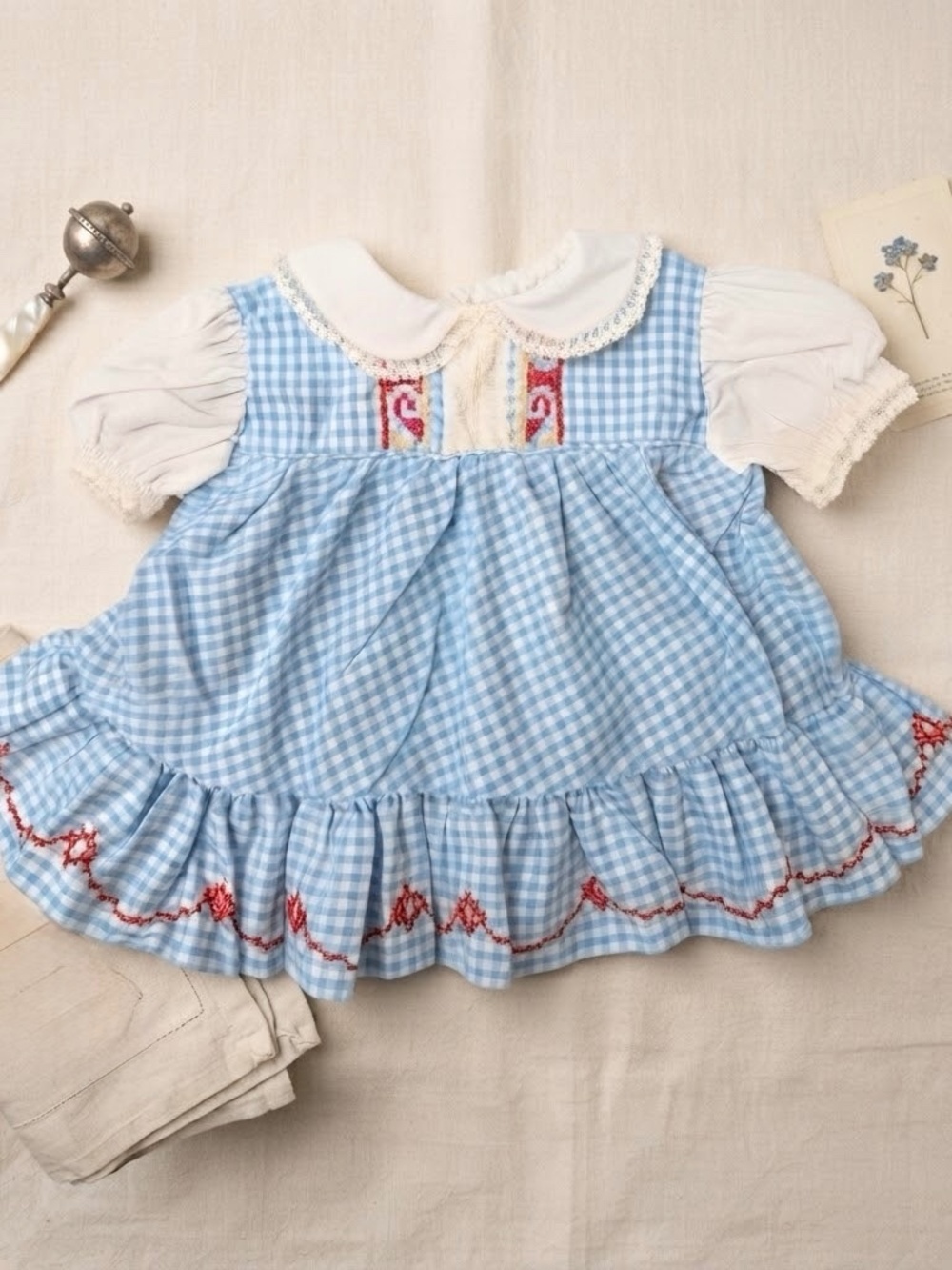 Vtg 70s 80s Baby Girl Blue Gingham Dress – Cross Stitch & Lace Ruffle – Untagged